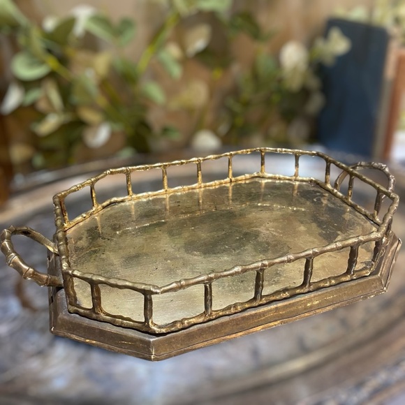 Vintage Brass Tray with Bamboo Design Gallery Edge Old World Hollywood Regency - Picture 2 of 8